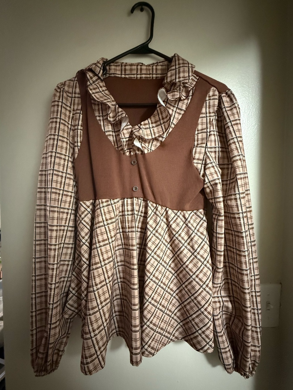 Brown Plaid Ruffle-Neck Women’s Top